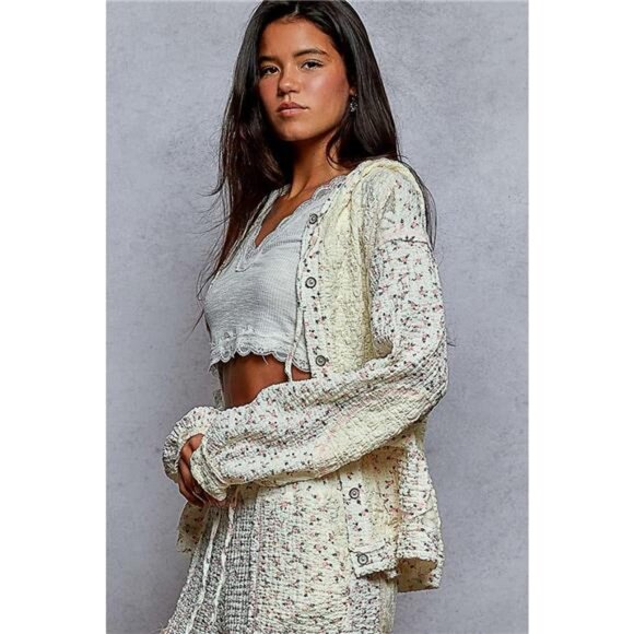 POL Floral Balloon Sleeve Hooded Lace Jacket with Stitch Detail - Picture 4 of 7